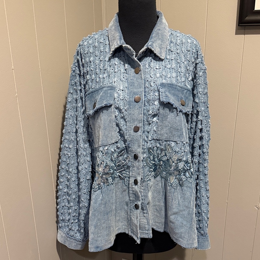 B34 POL Women’s Small Light Blue Embroidered Sequined Corduroy Jacket
